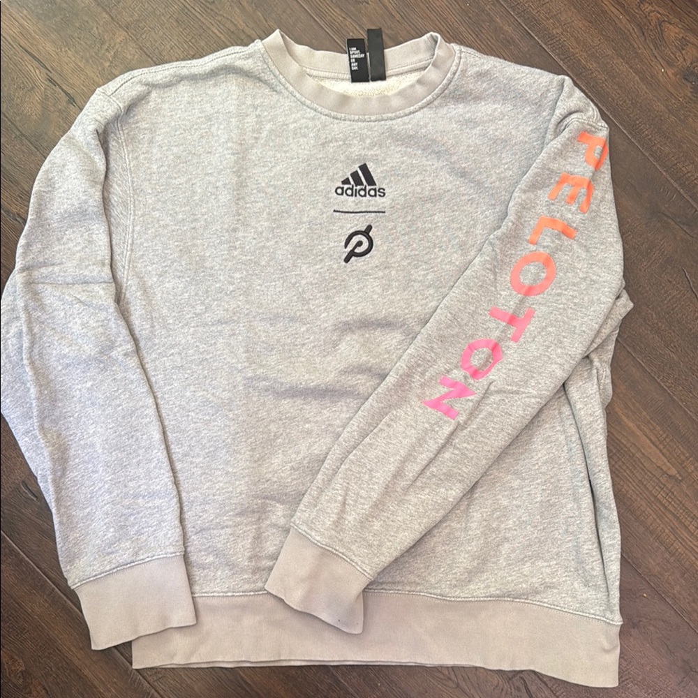 Adidas Gray Crewneck Sweater with Pink Peloton Logo